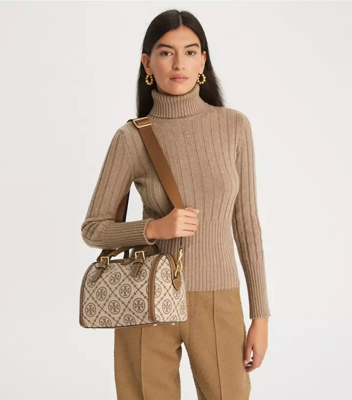 Tory Burch T Monogram Jacquard Barrel Shoulder Bag In Hazelnut