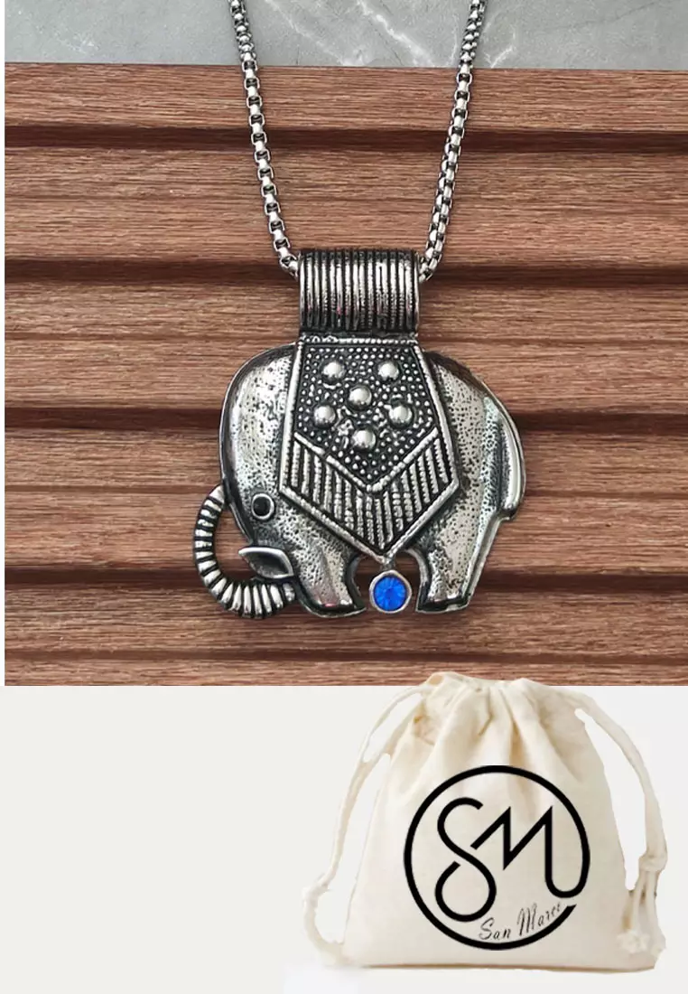 Aksesoris Pria Elephant Blue Diamante Pendant Premium Stainless Steel Necklace Kalung Pria Silver
