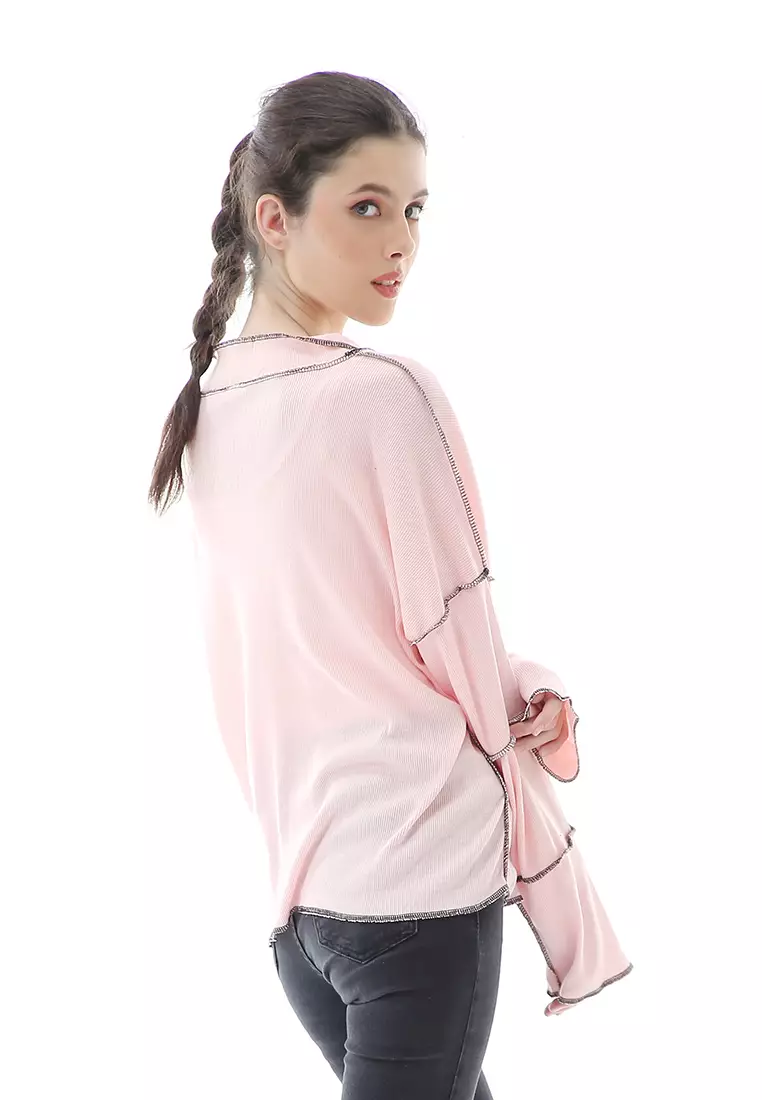 Veronica Blouse Terbalik Relaxed Motif Polos Long Sleeve Premium Quality - Pink
