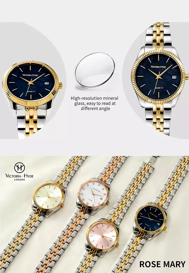 Women's Watch 32mm Round Black River Scallops Dial Stainless Steel Strap Calendar Function Rose Mary- Black