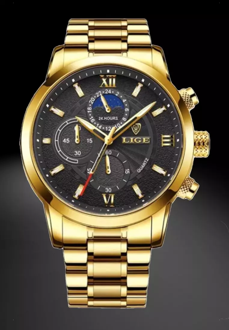 Chronograph Unisex IP Gold Stainless Steel Quartz Watch 43mm, Black dial, IP Gold Steel Bracelet