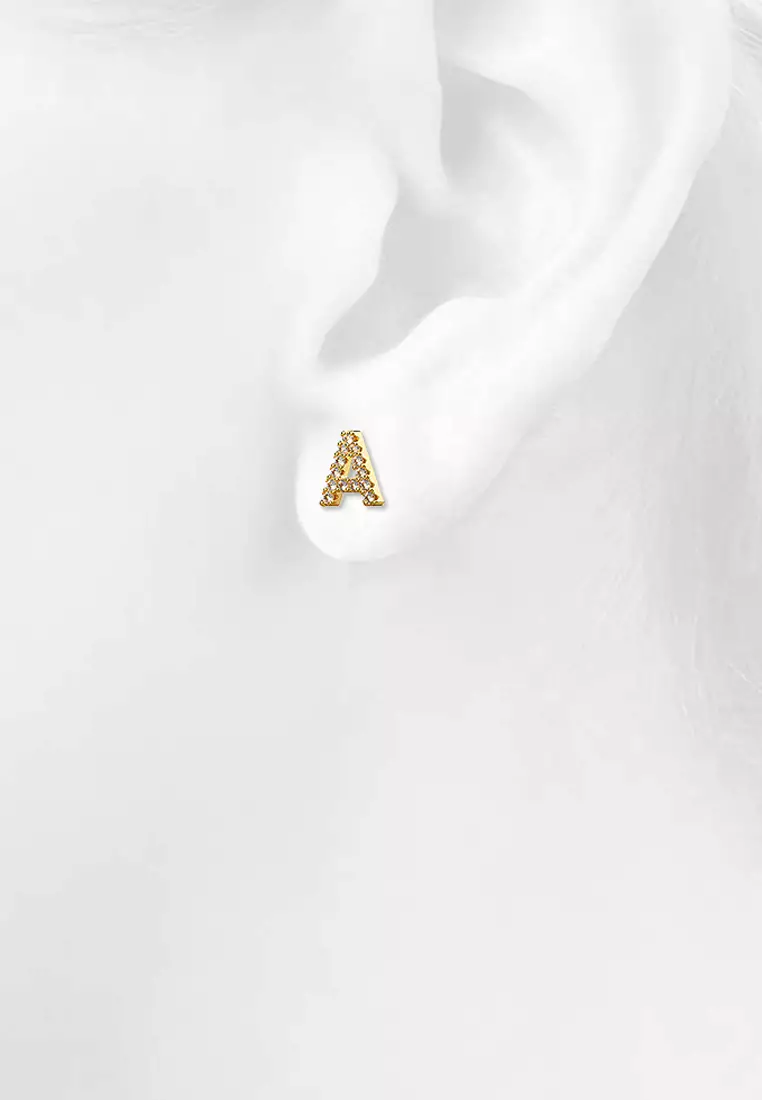Solid 925 Sterling Silver Glamour Alphabet Letter Earrings Gold - A - Default