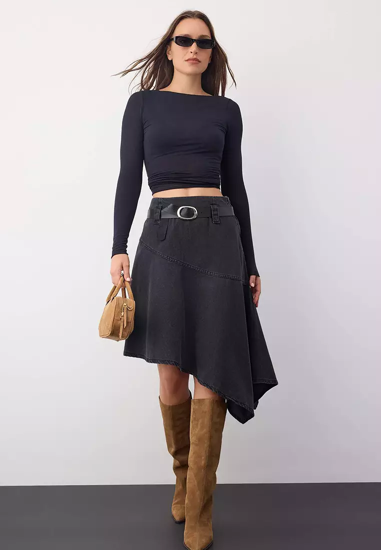 Belted Asymmetrical Midi Denim Skirt