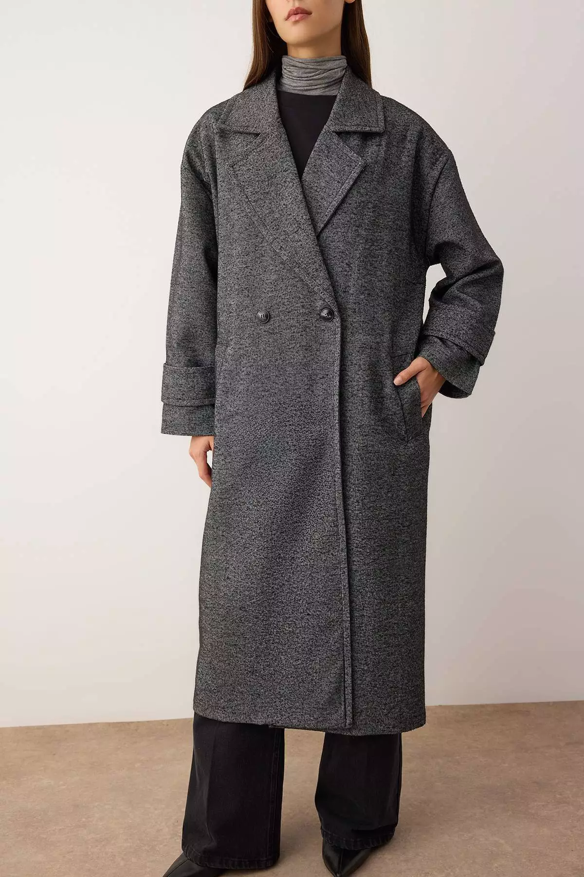 Dark Gray Double-Breasted Oversize Long Coat