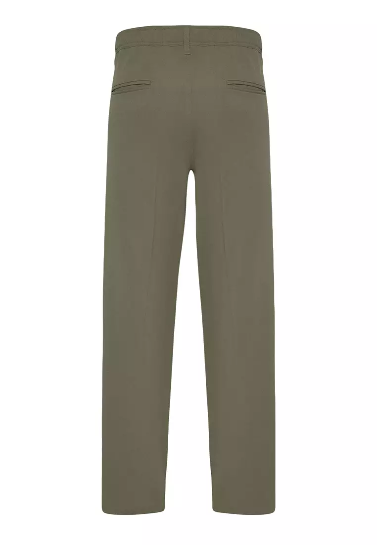 Khaki Pleated Classic Baggy Fit Fabric Trousers TMNSS24PL00024