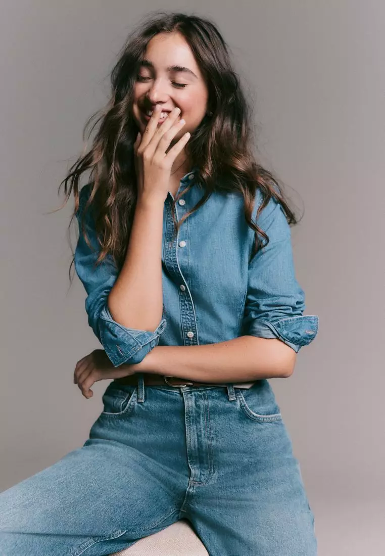 Cinch Waist Fitted Long Sleeve Denim Shirt