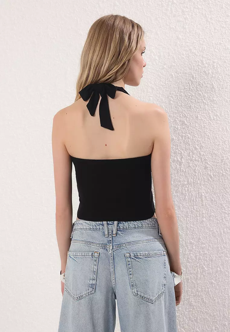 Black Double Breasted Collar Strap Accessory Detailed Knitted Party Blouse Tprss25Bz00048