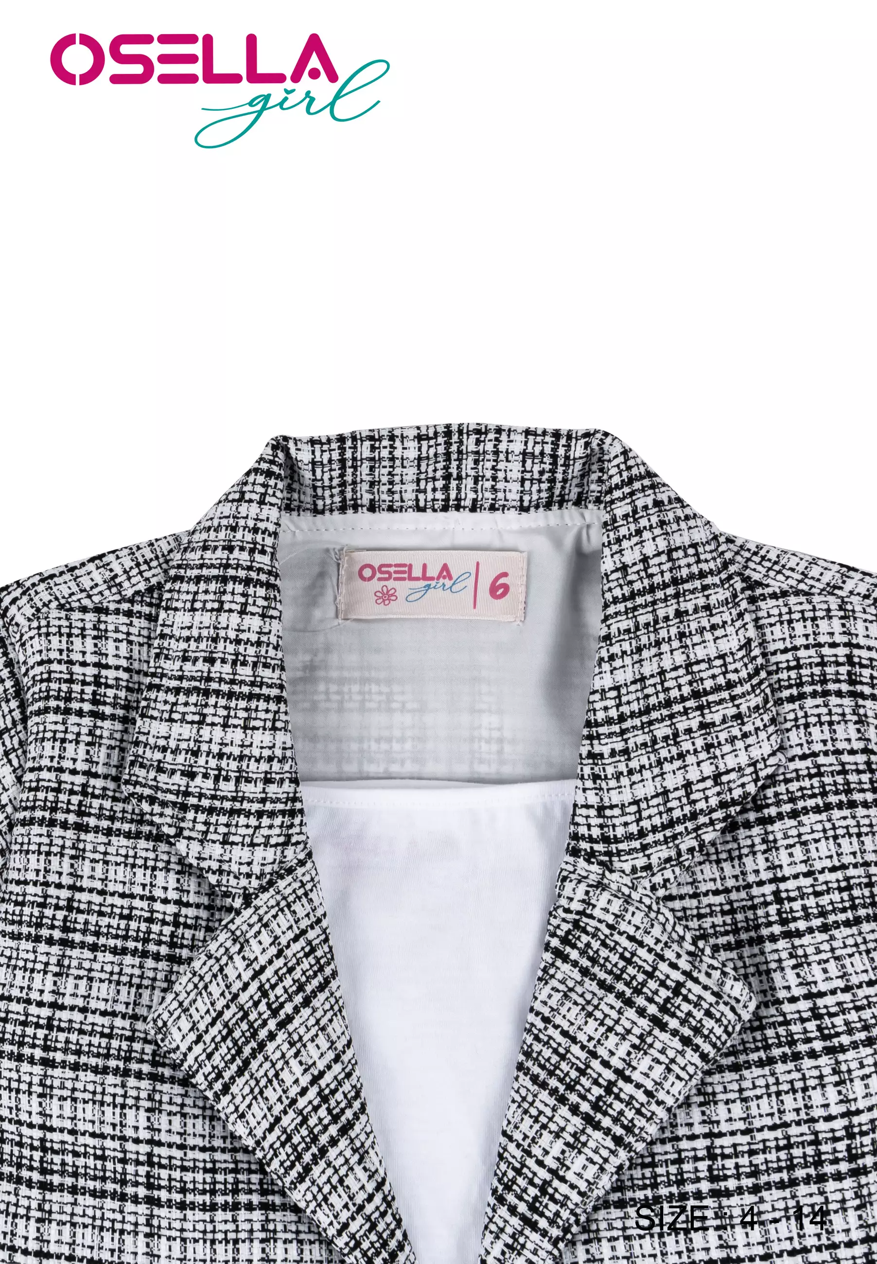 [NEW] Osella Kids Short Sleeve Tweed Look Blazer In Black And White Pattern With Additional Tanktop 2361400801 | Blazer Lengan Pendek Anak Perempuan