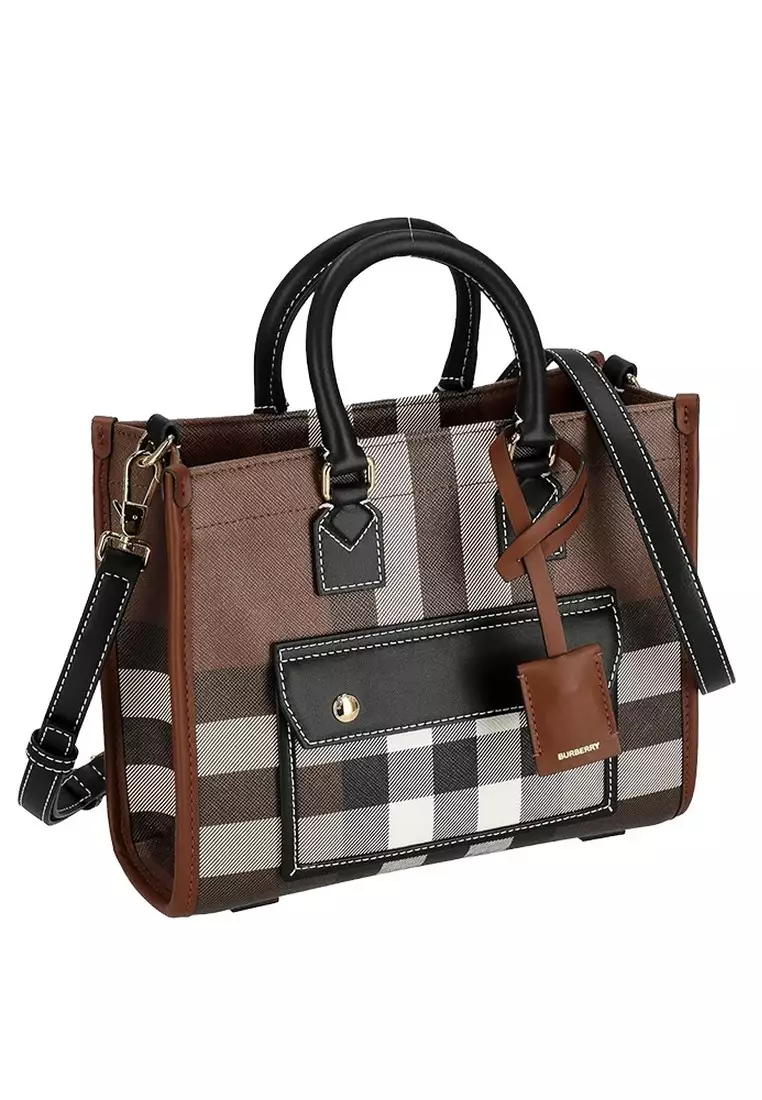 Check And Leather Mini Freya Tote Bag in Dark Birch Brown