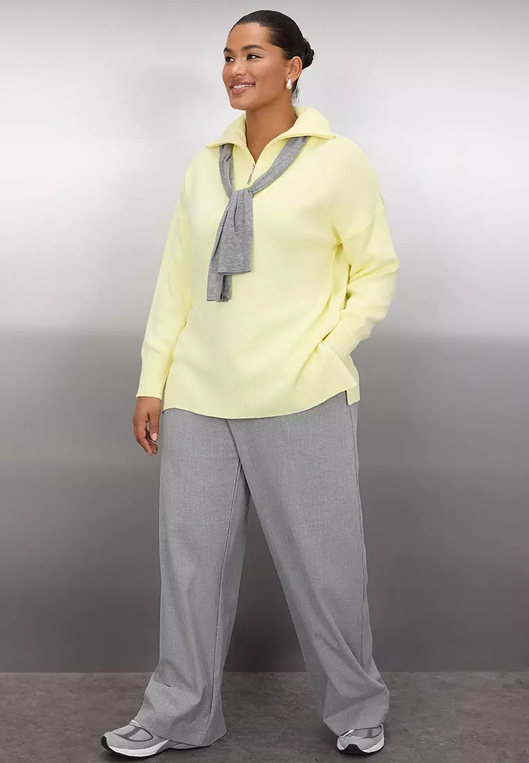 Yellow Turn-Down Collar Zipper Knitwear Sweater Tbbaw26An00015