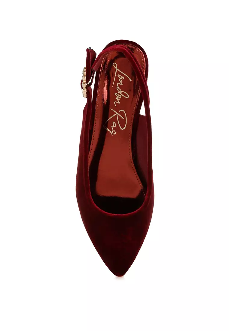 Velvet Slingback Flat Sandals in Dark Red