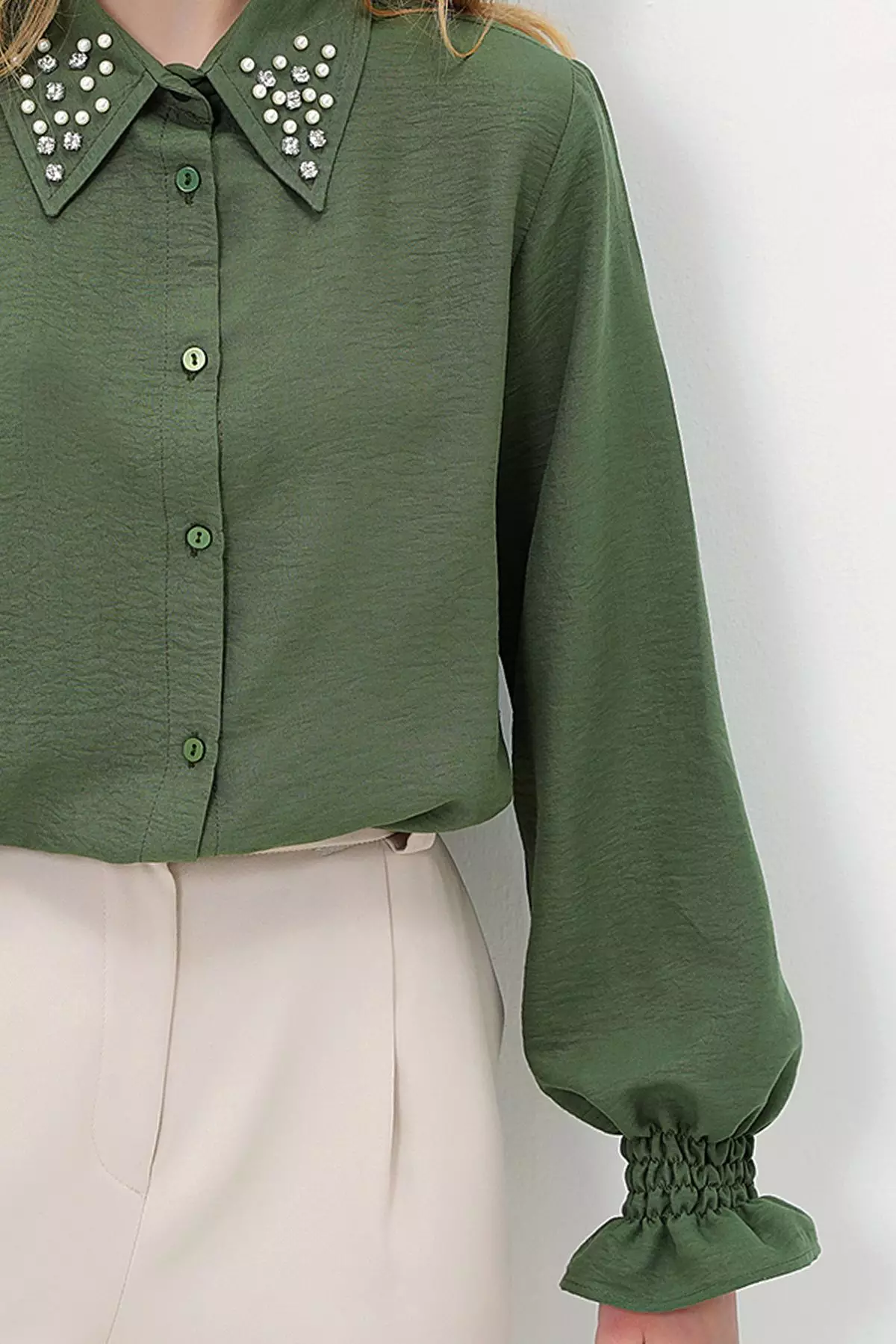 Women's Green Pearl And Stone Embroidered Aerobin Shirt Alc-X10085