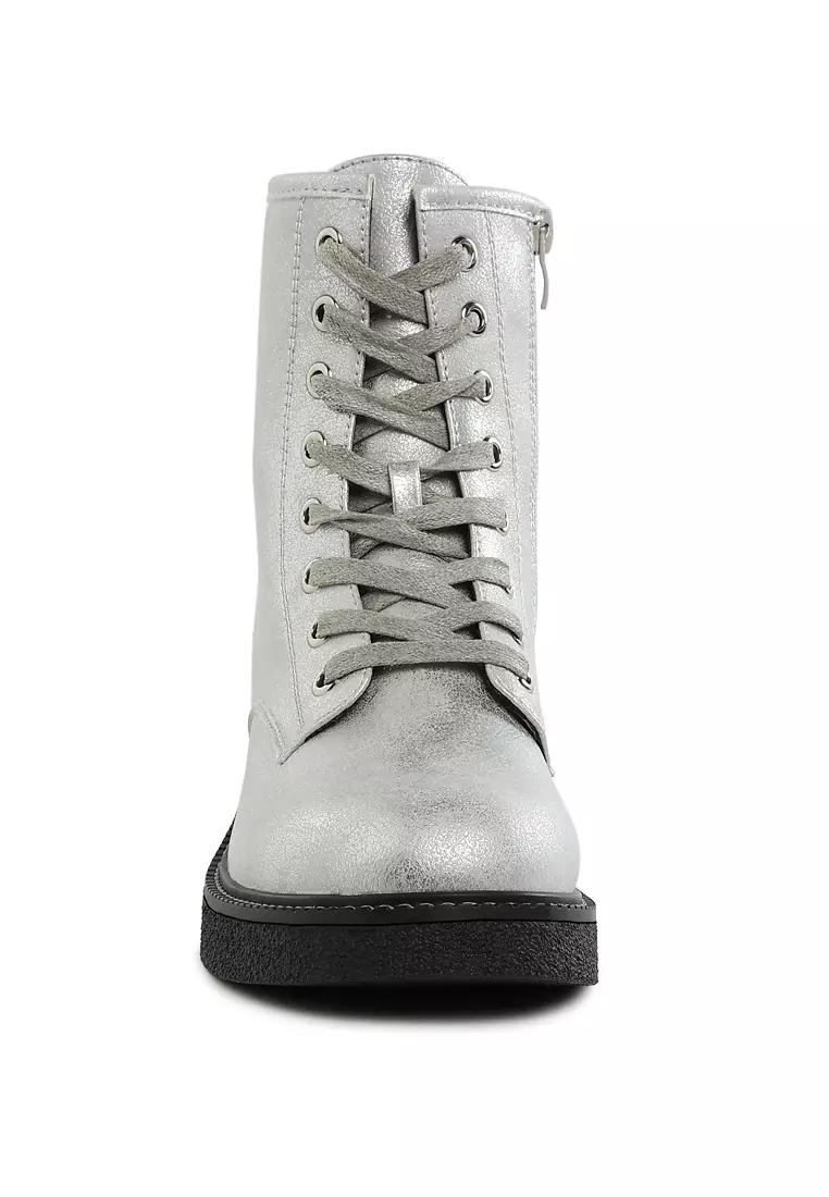 Metallic Texture Lace Up Boots in Silver