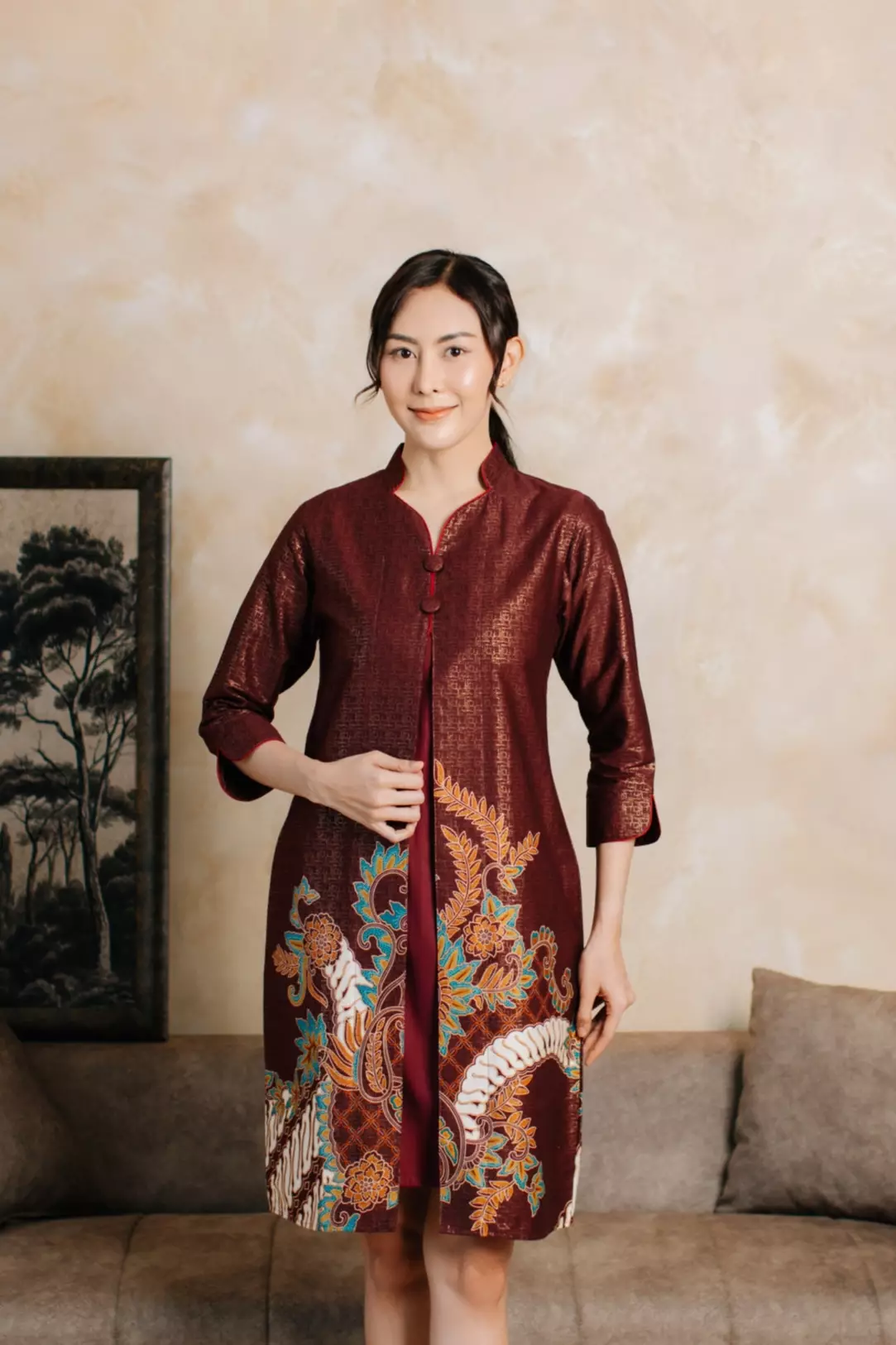 Adyatma Adhiwangsa Maroon Dress Batik Wanita Katun Foil