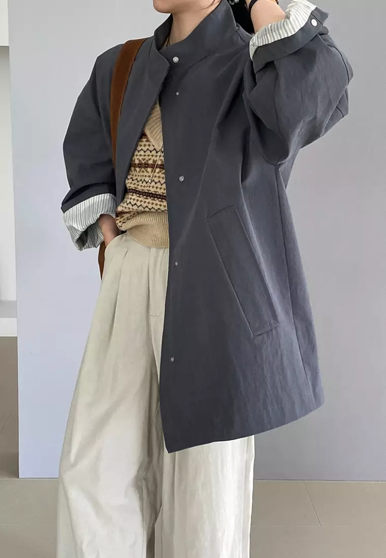 New silhouette mid-length workwear loose stand collar trench coat K091604GY