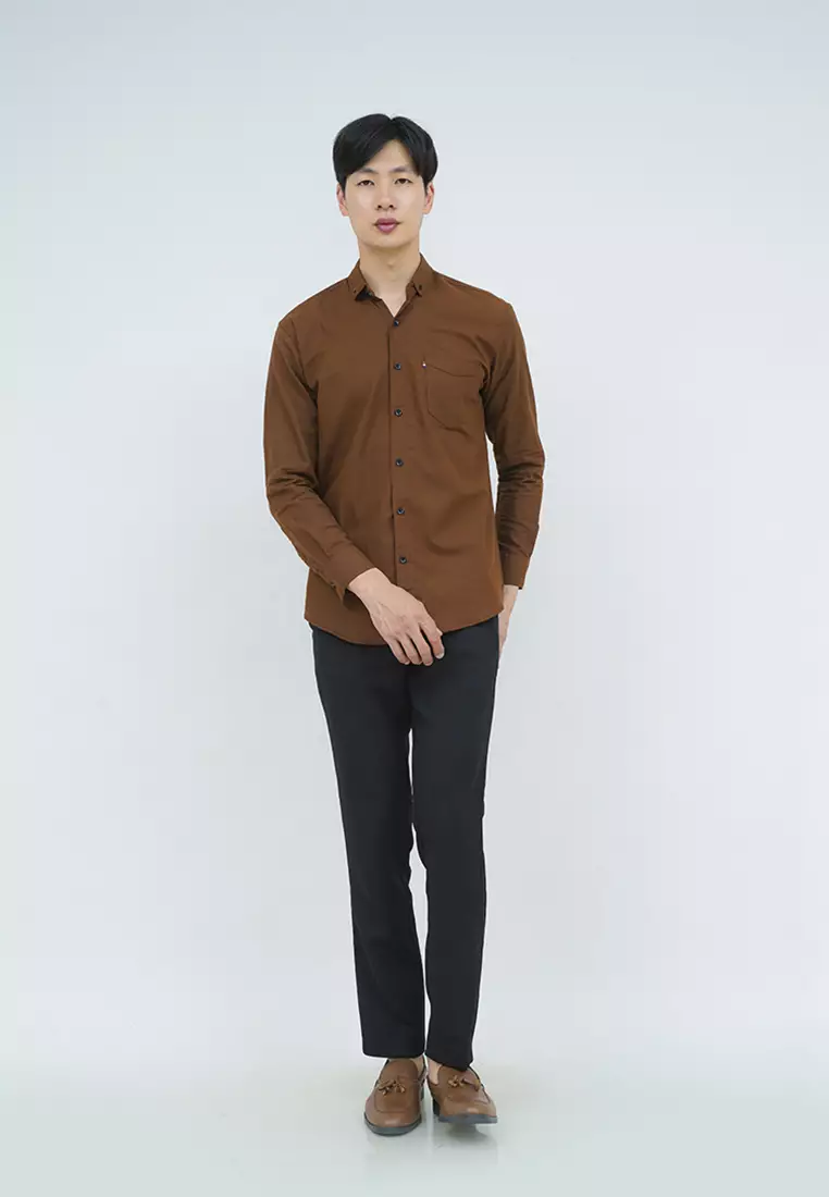 Kemeja lengan panjang pria formal slim fit brown houseofcuff