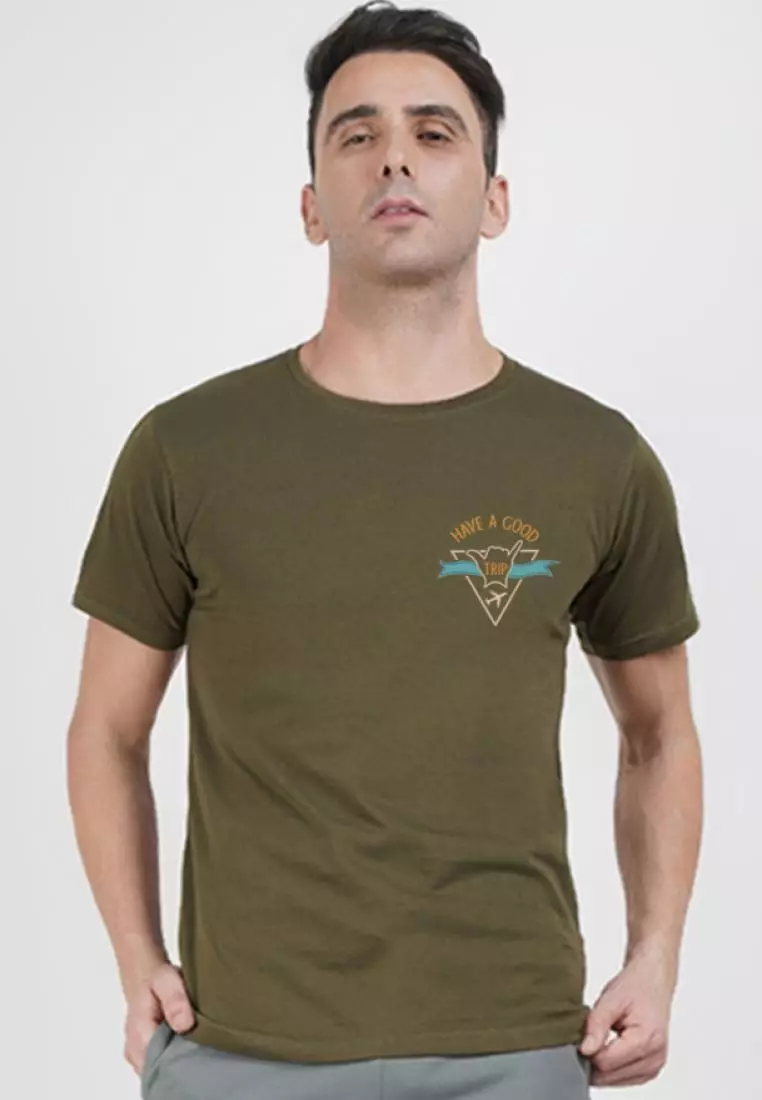 Have A Good Trip 橄榄色棉质短袖圆领常规版型 T 恤