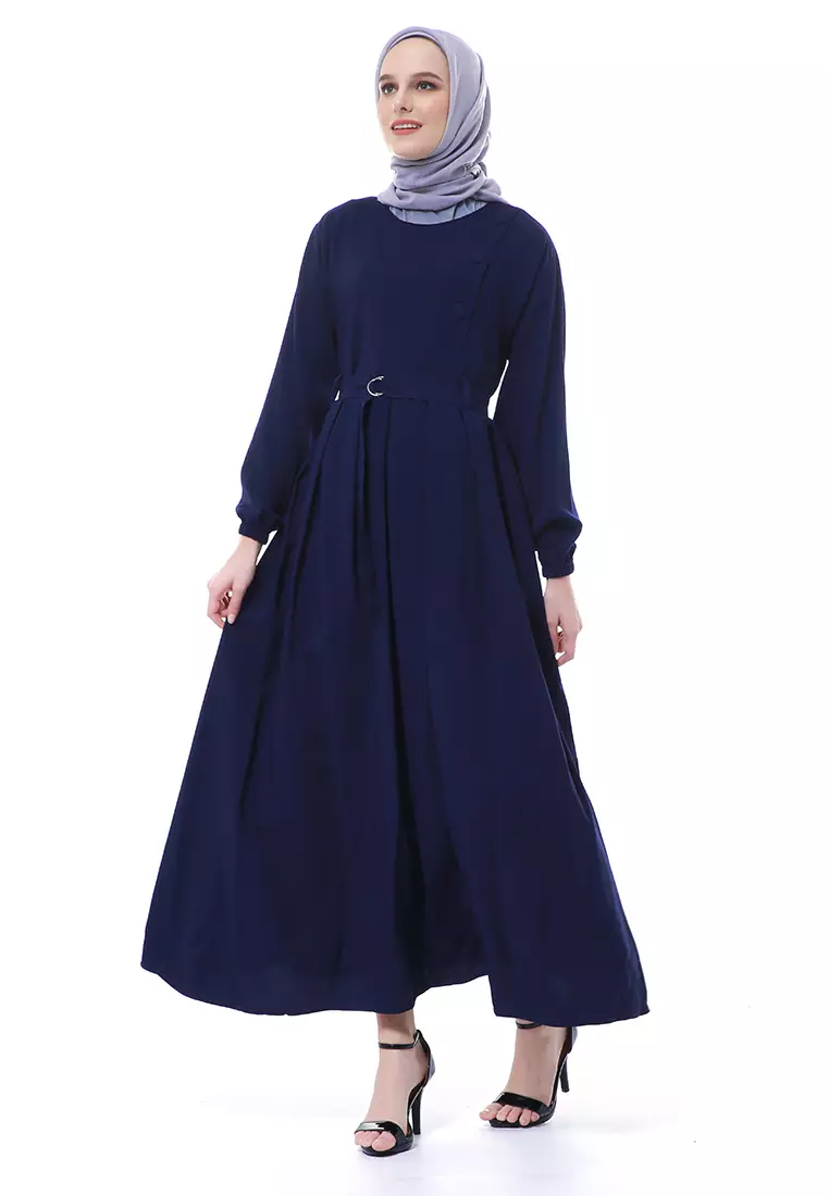 Nelly Gamis Dress Muslimah Wanita Long Sleeve Premium High Quality - Navy