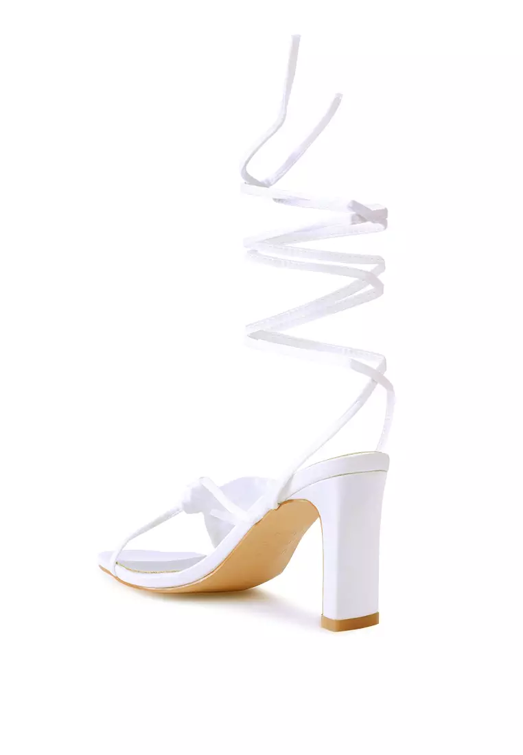 White Ruched Satin Tie Up Block Heeled Sandals
