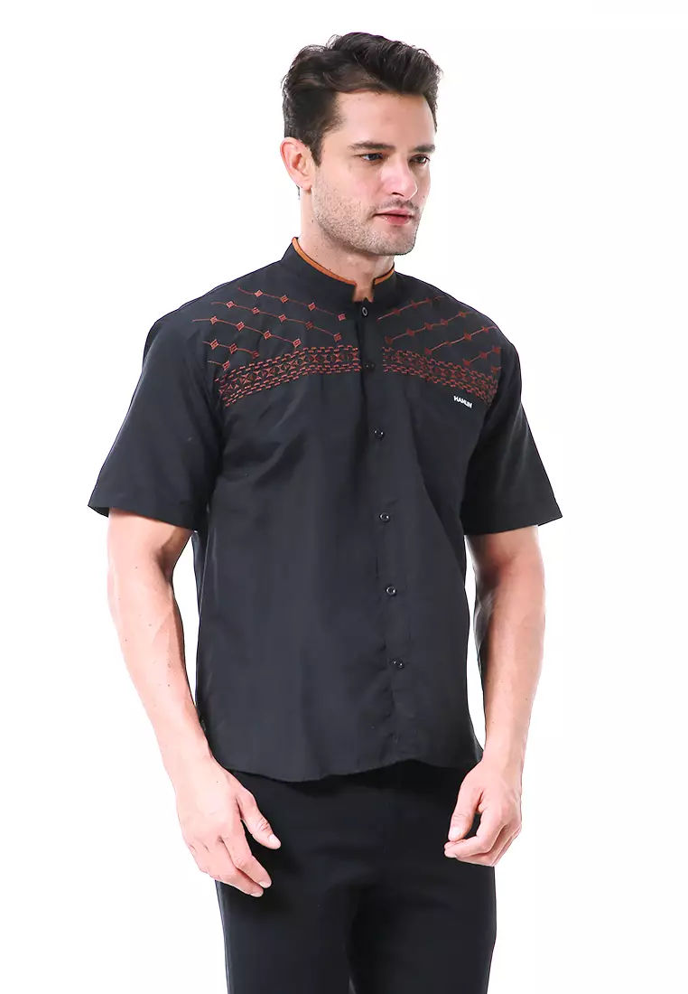 Leopold Kemeja Koko Pria Lengan Pendek Motif Bordir Material Cotton ORIGINAL - Black