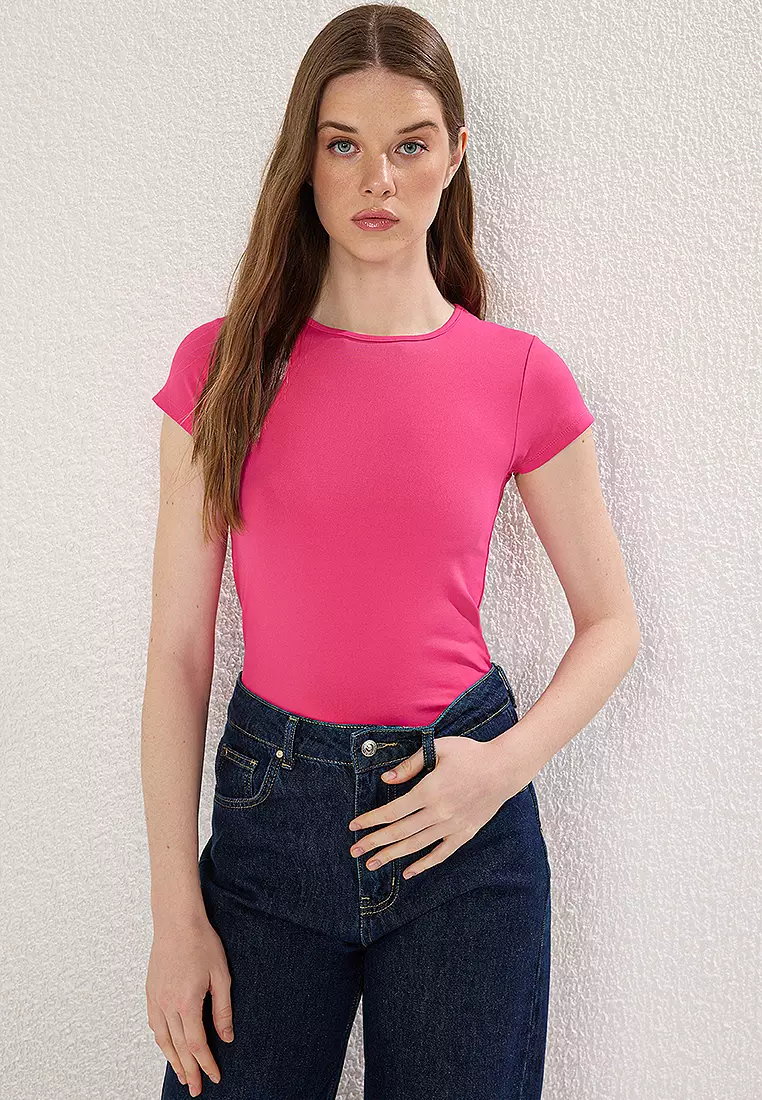 Fuchsia Short Sleeve Crew Neck Fitted Knitted T-Shirt