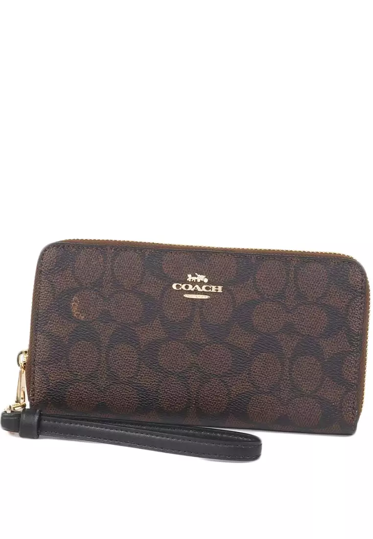 Long Zip Around Wallet In Signature Canvas - Walnut/Black