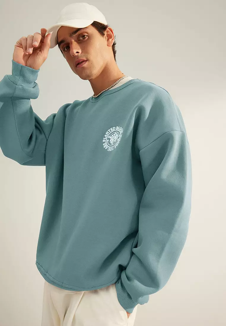 Mint Oversize/Wide Cut Floral Embroidered Fleece Lined Cotton Sweatshirt Tmnaw24Sw00012