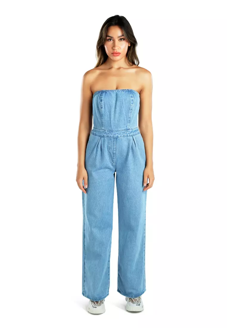 Blue Strapless Back Zipper Denim Jumpsuit