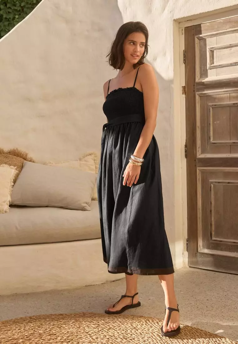 Shirred Premium 100% Linen Summer Midi Dress