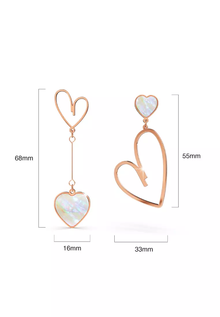 Open-Hearted MOP Shell Inlaid Asymmetrical Earrings Rose Gold Layered