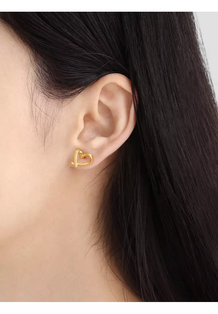 999.9 24K Solid Gold Simple Lovely Heart Stud Earrings for Women 68738E
