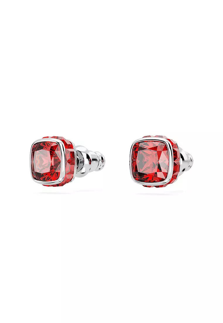 Birthstone Stud Earrings, Square Cut, July, Red, Rhodium Plated