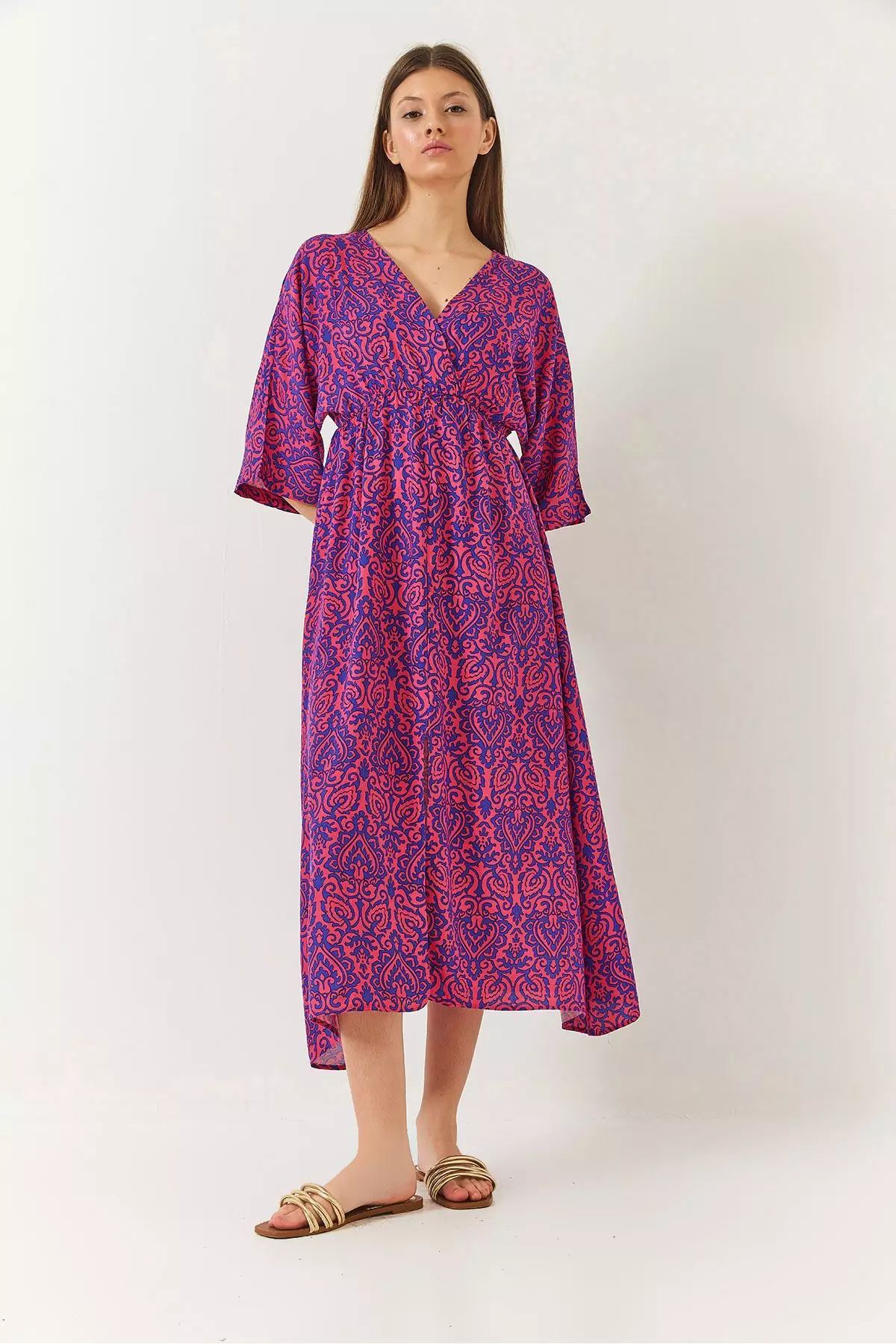 Women's Double Breasted V Neck Front Slit Detail Print Dress 60261411