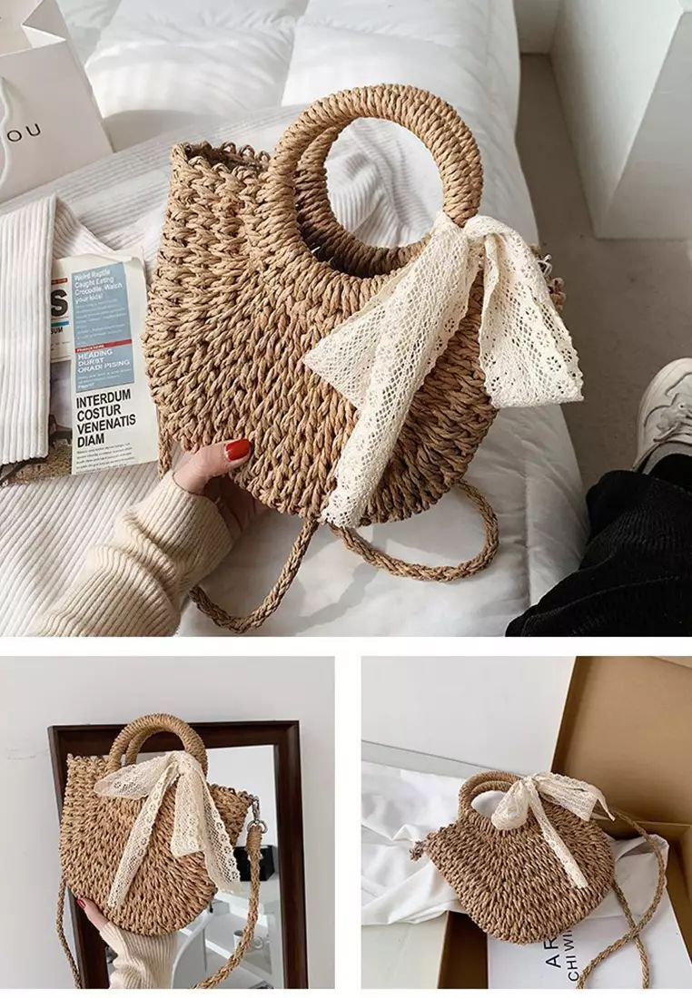 Khaki Small Summer Crossbody Half Round Woven Straw Bag