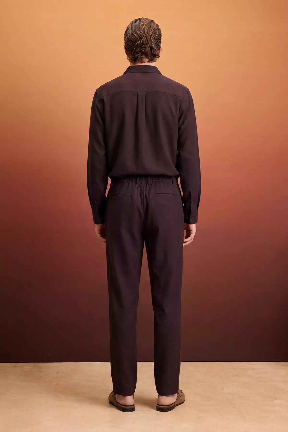 Brown 100% Linen Elastic Waist Regular Waist Men'S Trousers Tmnss26Pl00026