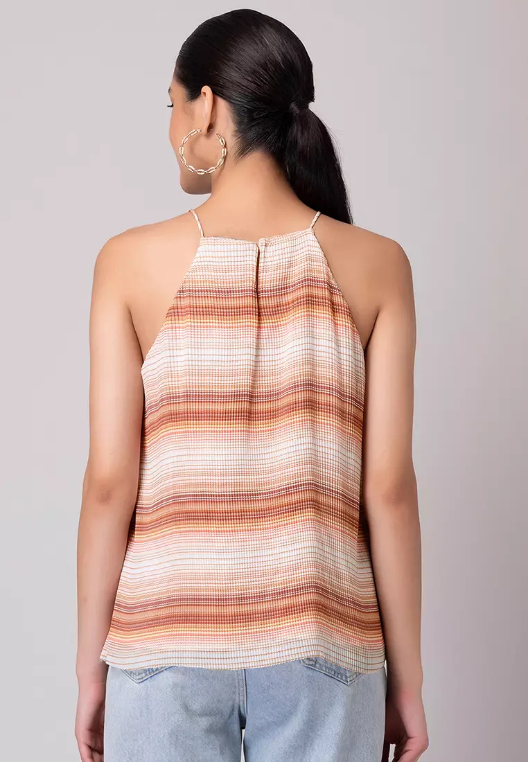 Brown Multicolour Striped Pleated Top