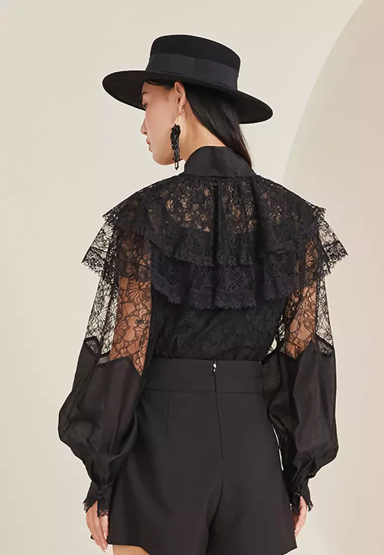 Embroidery Laced Blouse with Ribbon Tie