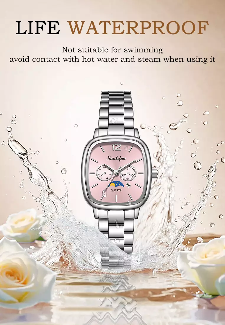 Jam Tangan Wanita Original Kalender Kasual Korean Style Tali Paduan Jam Tangan Cewek B006 silverpink