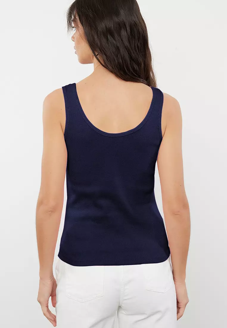 Navy Blue Color Block Fitted Pool Collar Elastic Knitted Tank Top