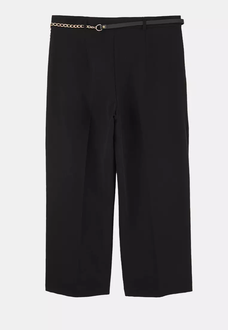 Black High Waist Pipe Leg Accessory Detailed Plus Size Woven Trousers Tbbss26Ar00015