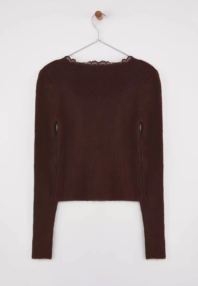 Brown Crop Lace Garnish Square Collar Soft Texture Body Wrap Knitwear Cardigan