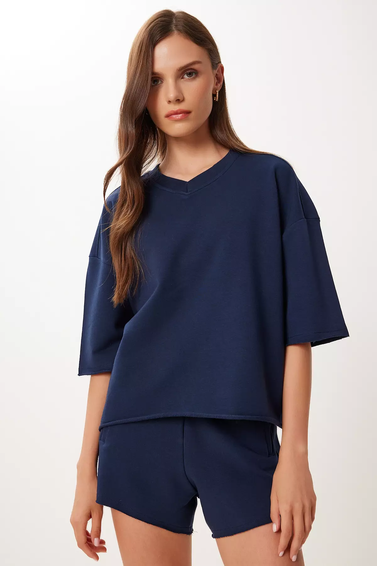 Women's Navy Blue Comfortable Stretchy Knitted Bottom-Top Set Ub00402