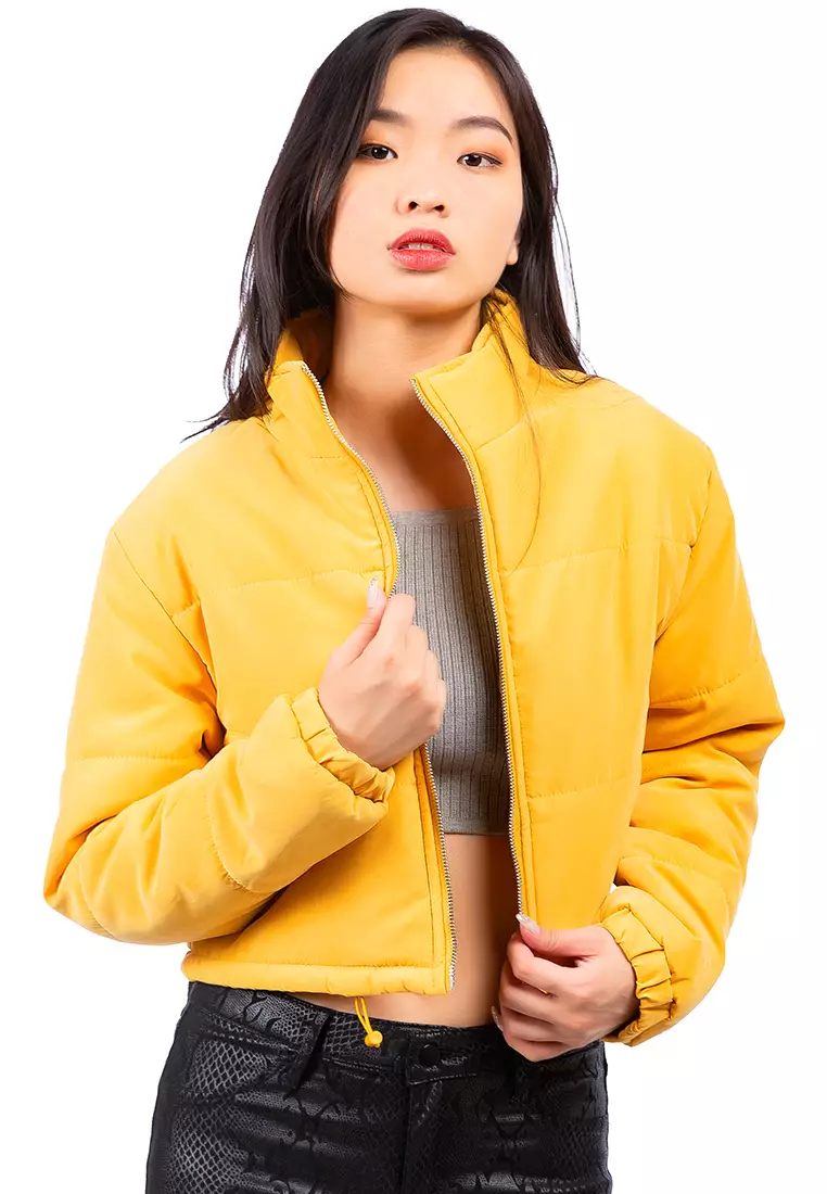 Yellow Long Sleeves Puffer Drawstring Jacket