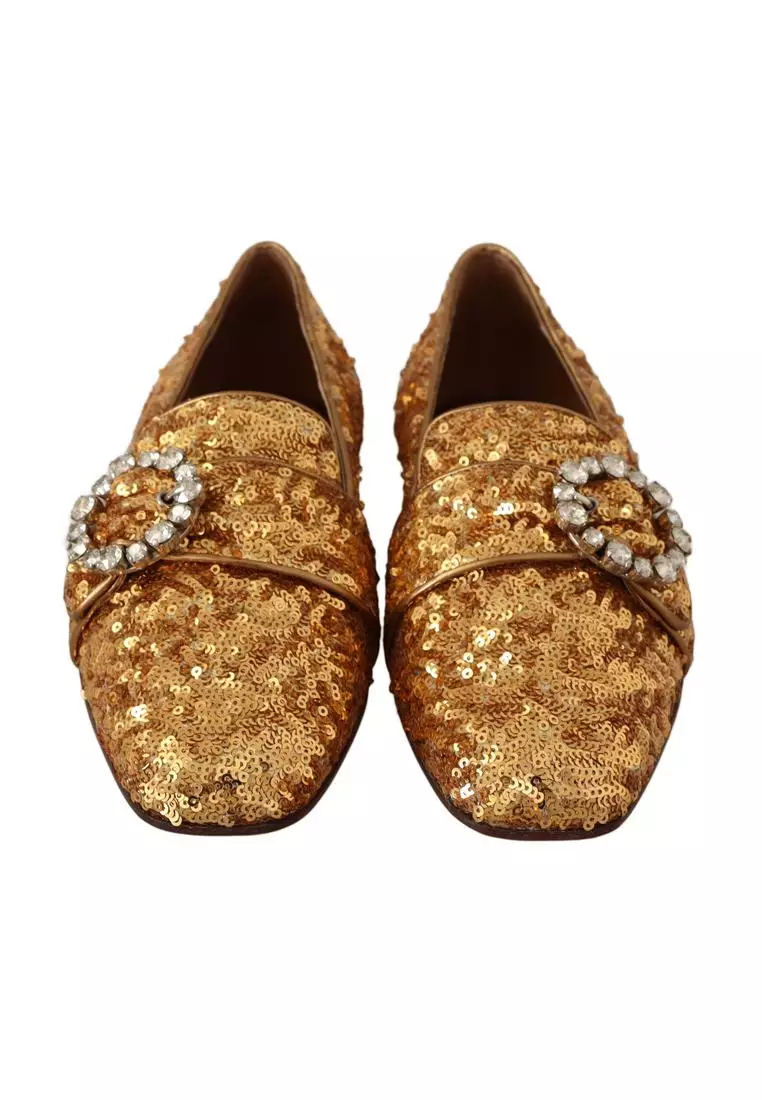 Dolce Gabbana Gold Sequin Crystal Flat Women Loafers Shoes