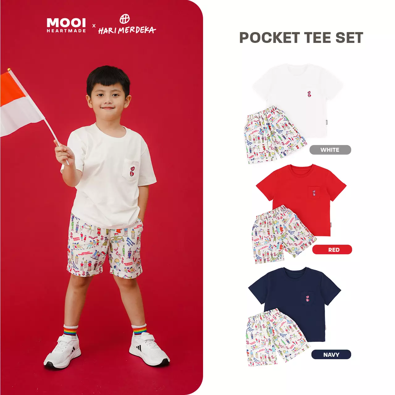 Mooi x Hari Merdeka 17 Agustus Kaos Kemerdekaan Setelan Anak Pocket Tee Set Kemerdekaan - White