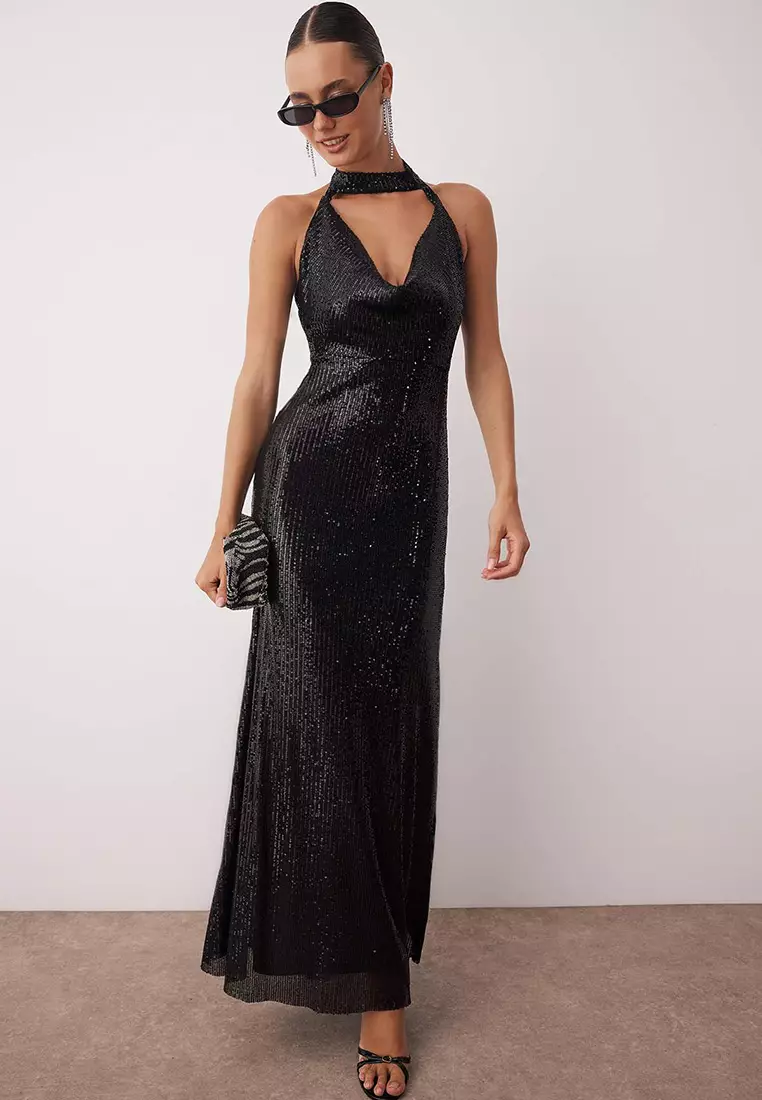 Buy Trendyol Sequin Cowl Neck Evening Dress Online | ZALORA Malaysia
