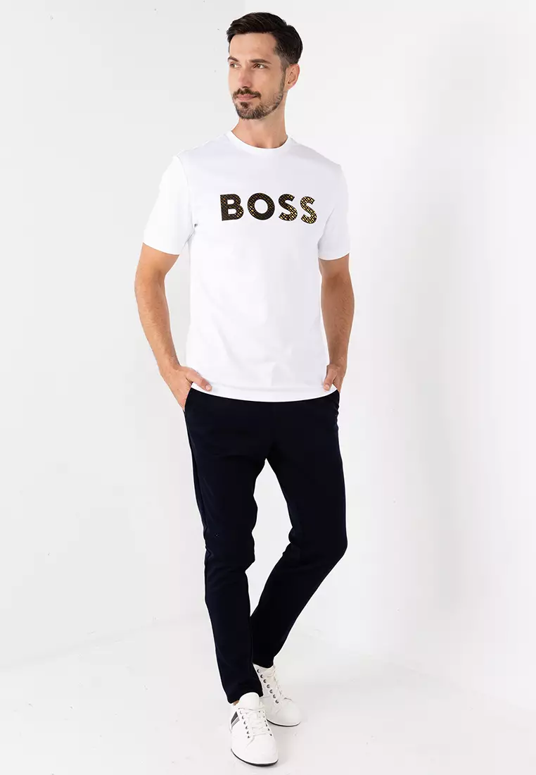 Shop BOSS Monogram-filled logo T-shirt in interlock cotton