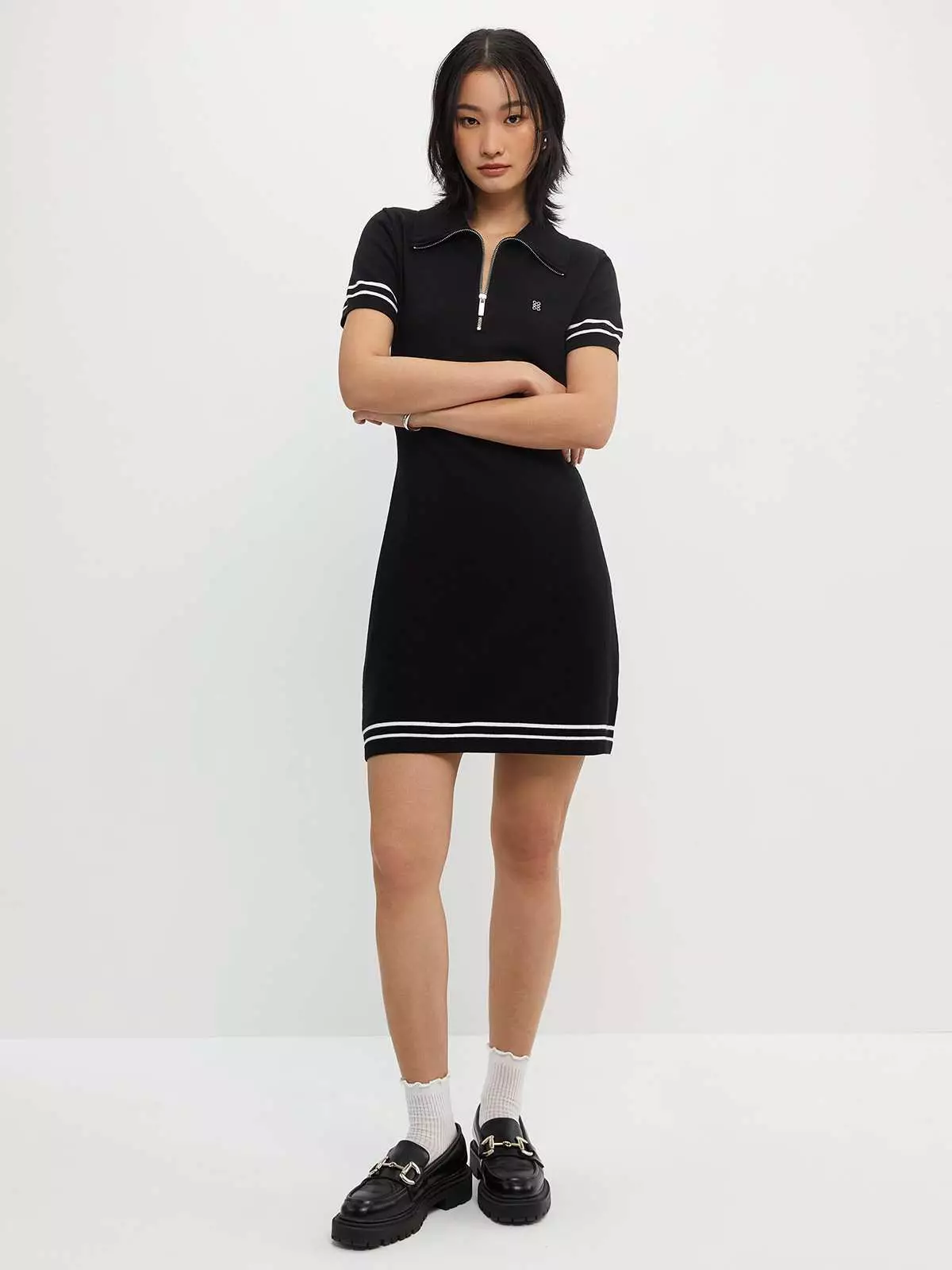 Zipper Knitted Short Sleeve Mini Dress - Black