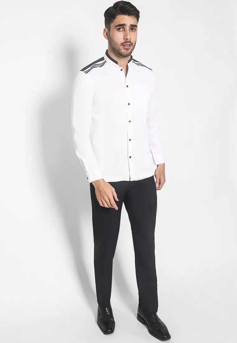 LGS - Slim Fit - Baju koko - Bordir Simetris - Kancing Hitam - Putih - JSH.385.S1045KF.341.C-L/S