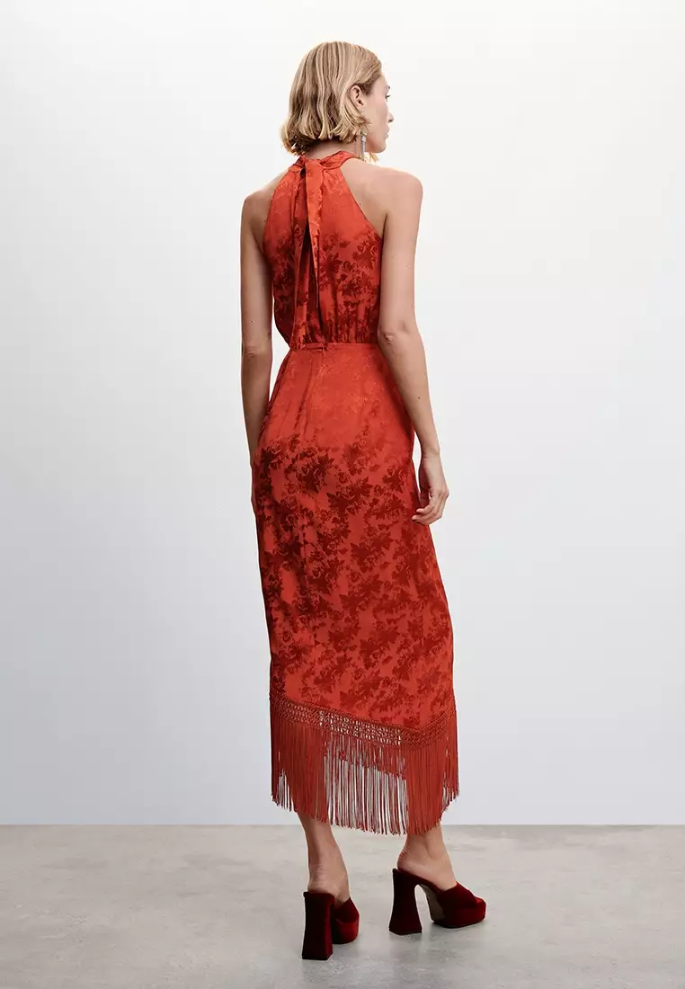 MANGO Fringed Midi Dress in Red